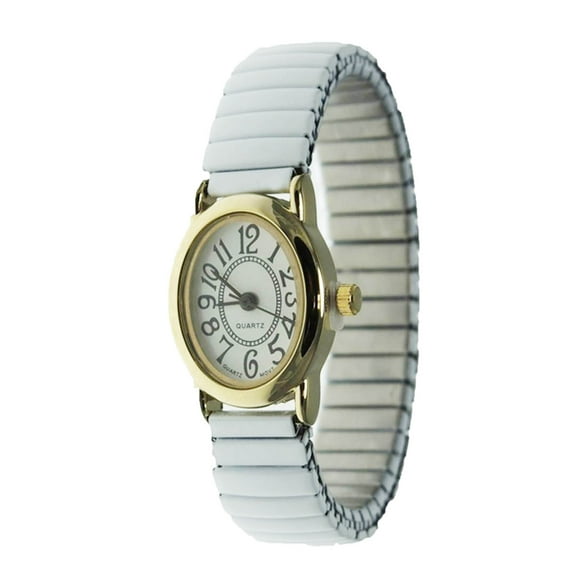 LINEL Women's Gold Oval Dial Watch White Stretch Band Easy Read Dial Expansion Band Wristwatch