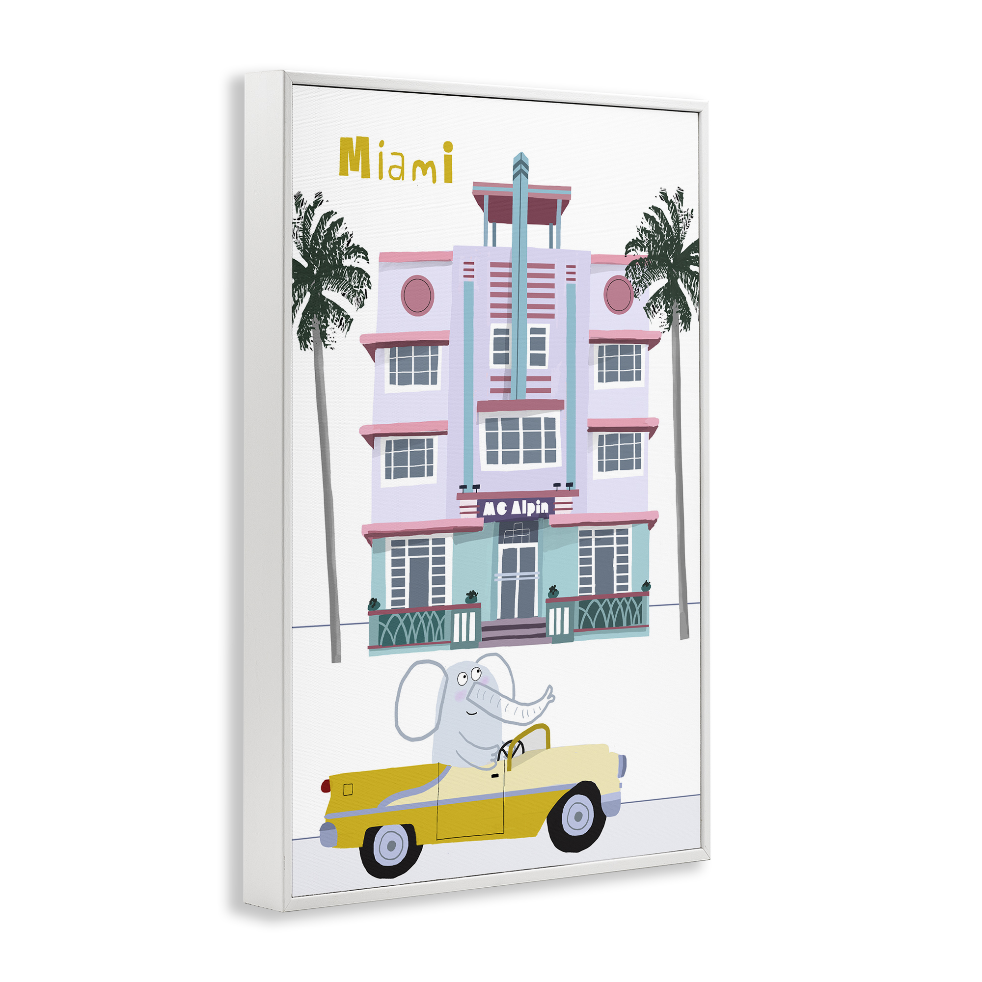 Elephant & Miami Hotel White Framed Giclee Art, design by Carla Daly