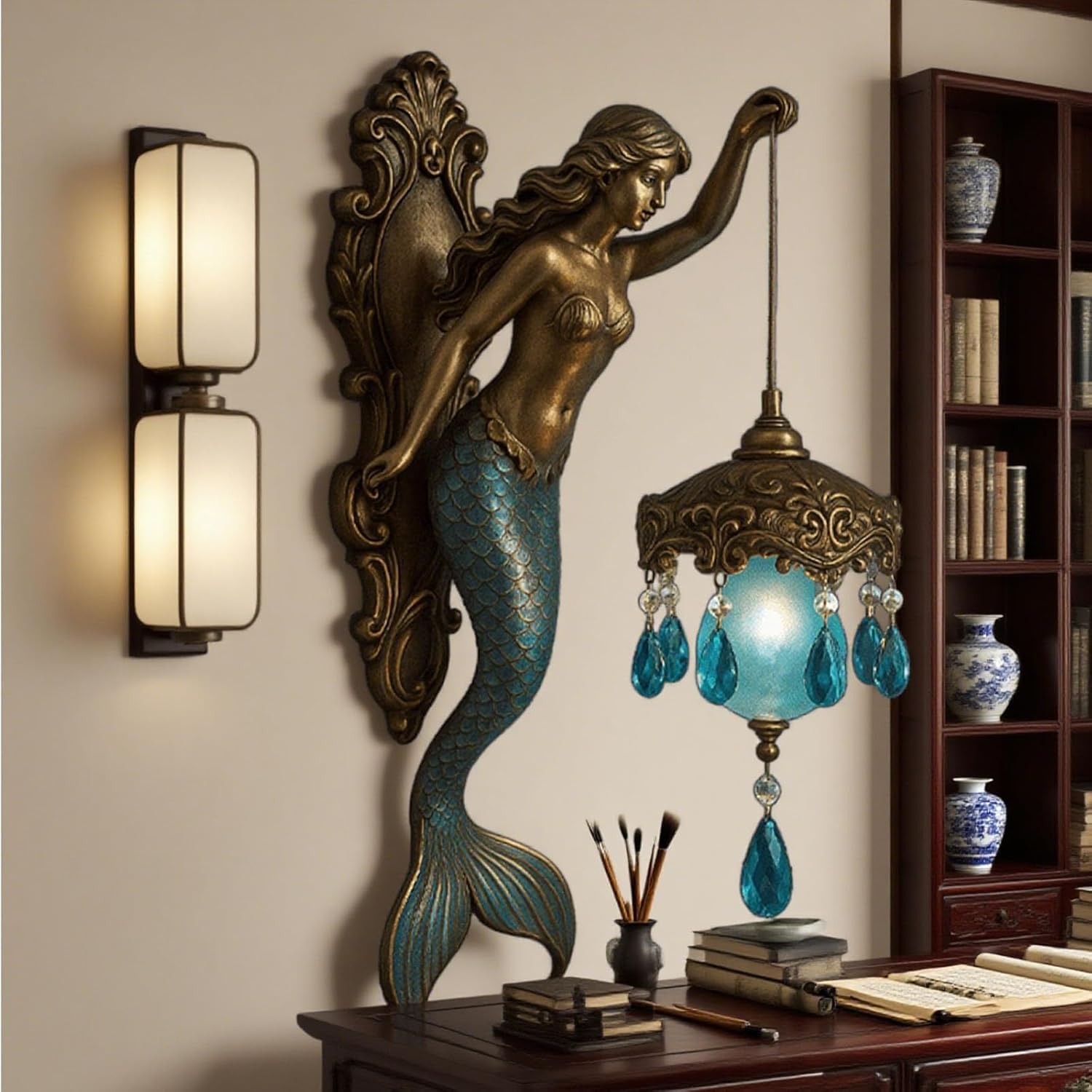 Mermaid Wall Lamp, 8/12 Inch Vintage Base Design Night Light, Vintage Ocean-Themed Night Light, Vintage Style Bedroom Hotel Restaurant Decorative Wall, for Bedroom, Living Room, Bathroom
