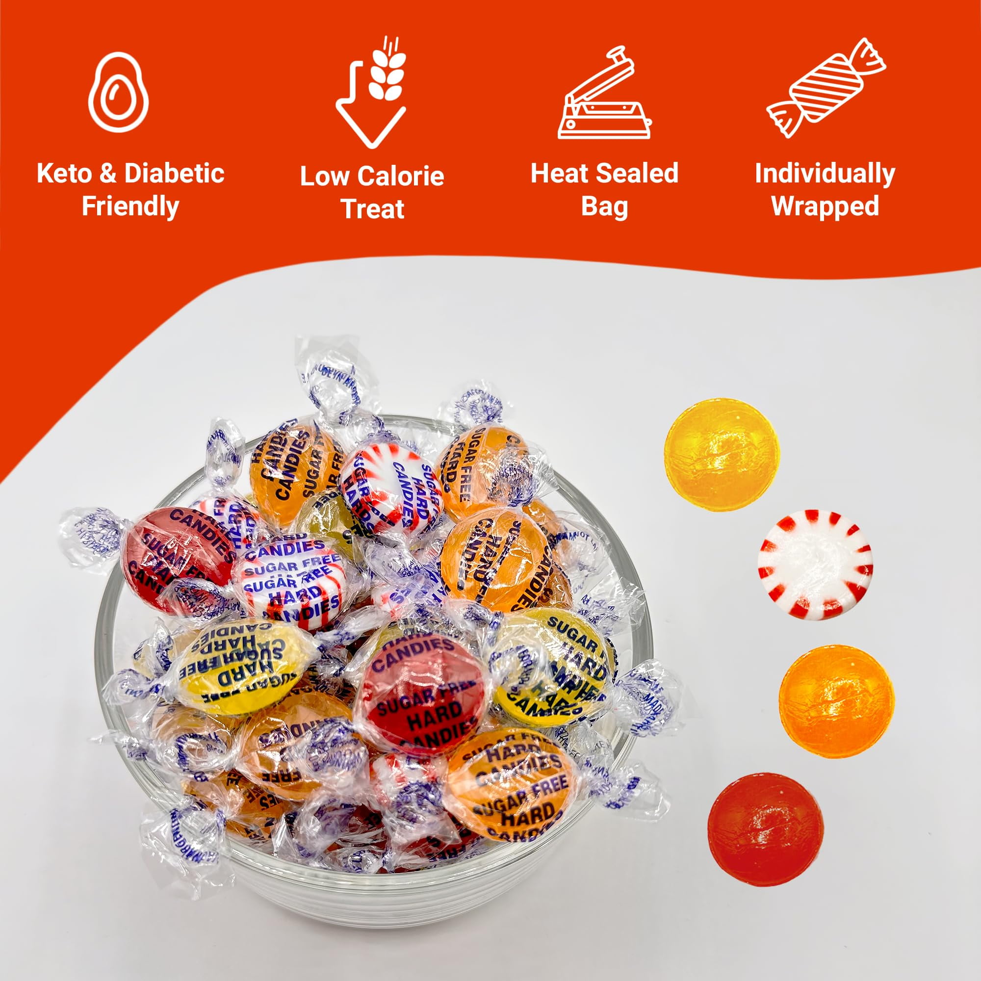Sugar Free Hard Candy Assortment MDA05&nbsp;- 1 Pound Butterscotch, Lemon, Cinnamon, Peppermint Starlight Sugarfree Candy, Diabetic and Keto Friendly Zero Sugar Hard Candies, Individually Wrapped