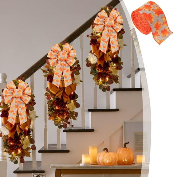 yulier Fall Ribbon, 2.48"W Plaid Wired Edge Ribbon with Pumpkin Maple Leaf Pattern, Thanksgiving Theme Ribbon Roll Rustic Autumn Harvest Ribbon for Gift Wrapping, Making Wreath Bows