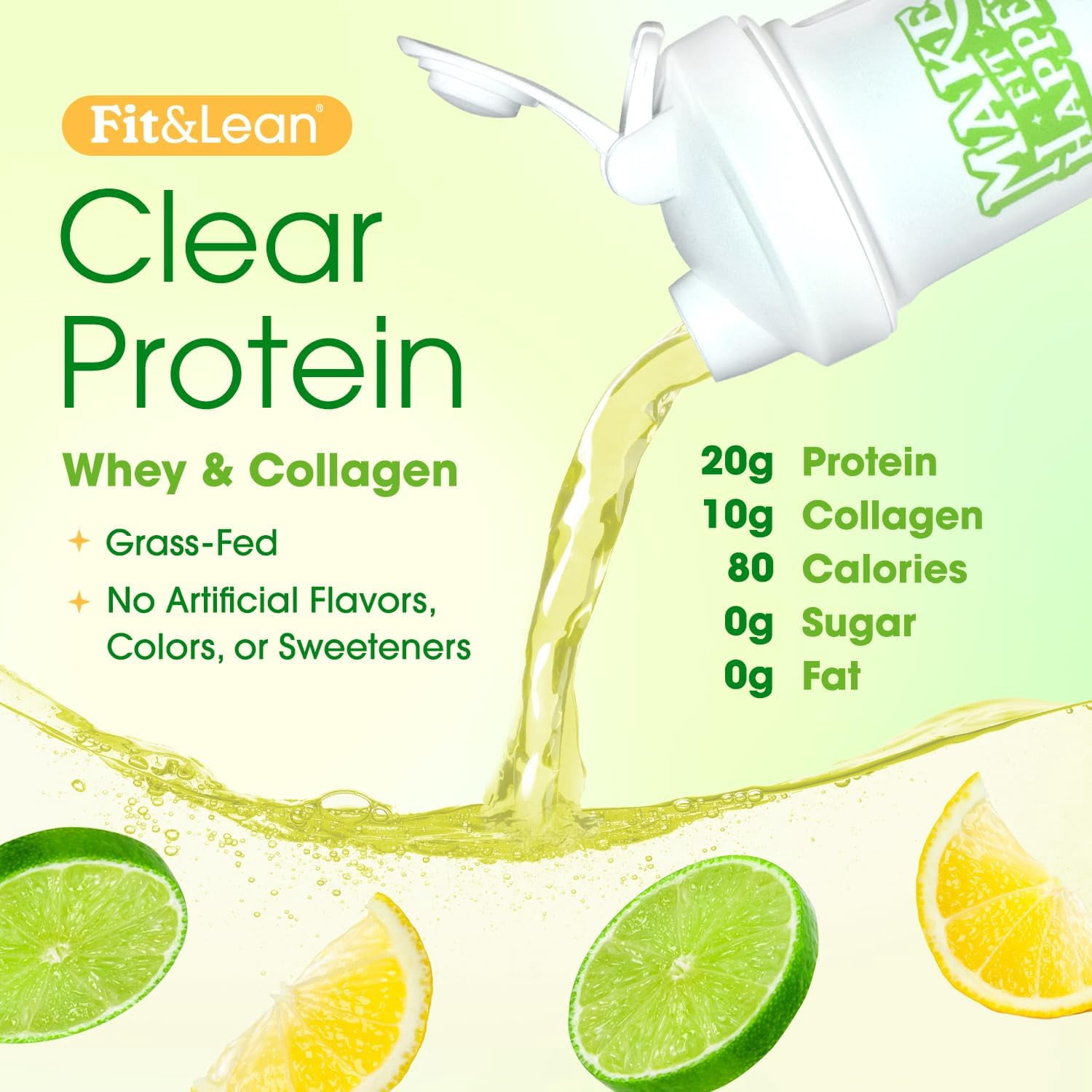 Fit & Lean Clear Protein Powder with Whey Isolate Protein and Collagen, Grass Fed, Muscle Recovery, GLP-1 Support, Citrus Lime, 20 Servings