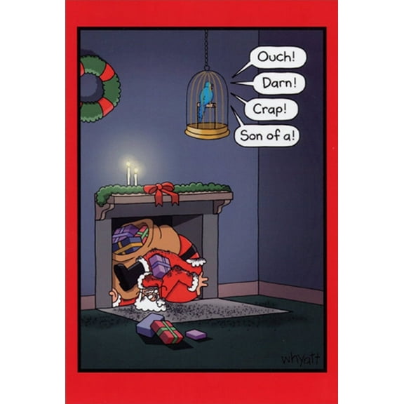 Nobleworks Santa Stuck in Chimney : Parrot Saying Ouch, Darn Humorous : Funny Christmas Card (1 card/1 envelope)