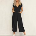 thumbnail image 2 of Funicet Jumpsuits for Women Casual Solid V-neck Button Cut Open Back Casual Short Sleeved Jumpsuit Black M, 2 of 5