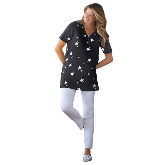 Woman Within Plus Size Perfect Printed Short-Sleeve Shirred V-Neck Tunic