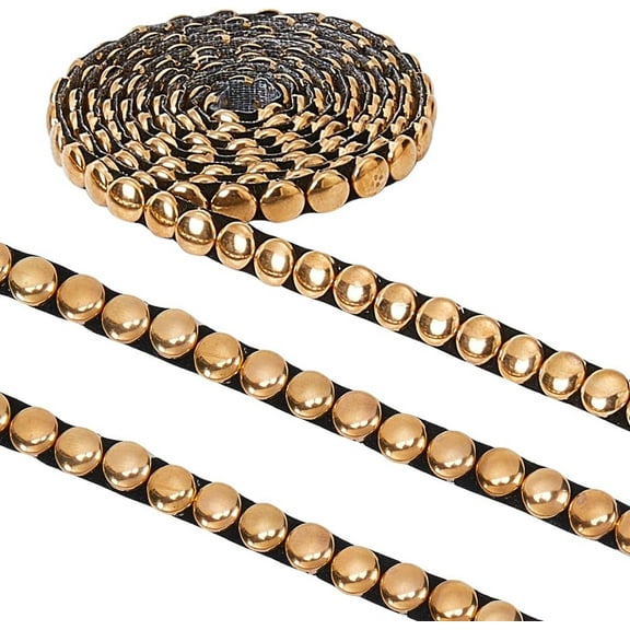 2 Yards 8mm Wide Hot Fix Nailhead Trim Metal Convex Dome Iron on Nailhead Trim with Black Leather Base Round Stud Decorative Nailhead Applique Trim for DIY Clothes Bag Antique Gold DIY