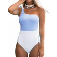 thumbnail image 1 of Traje de baño de una pieza para mujer Color Block Traje de baño con lazo en un hombro, Azul, Xs Feliz Sencillez, 1 of 5
