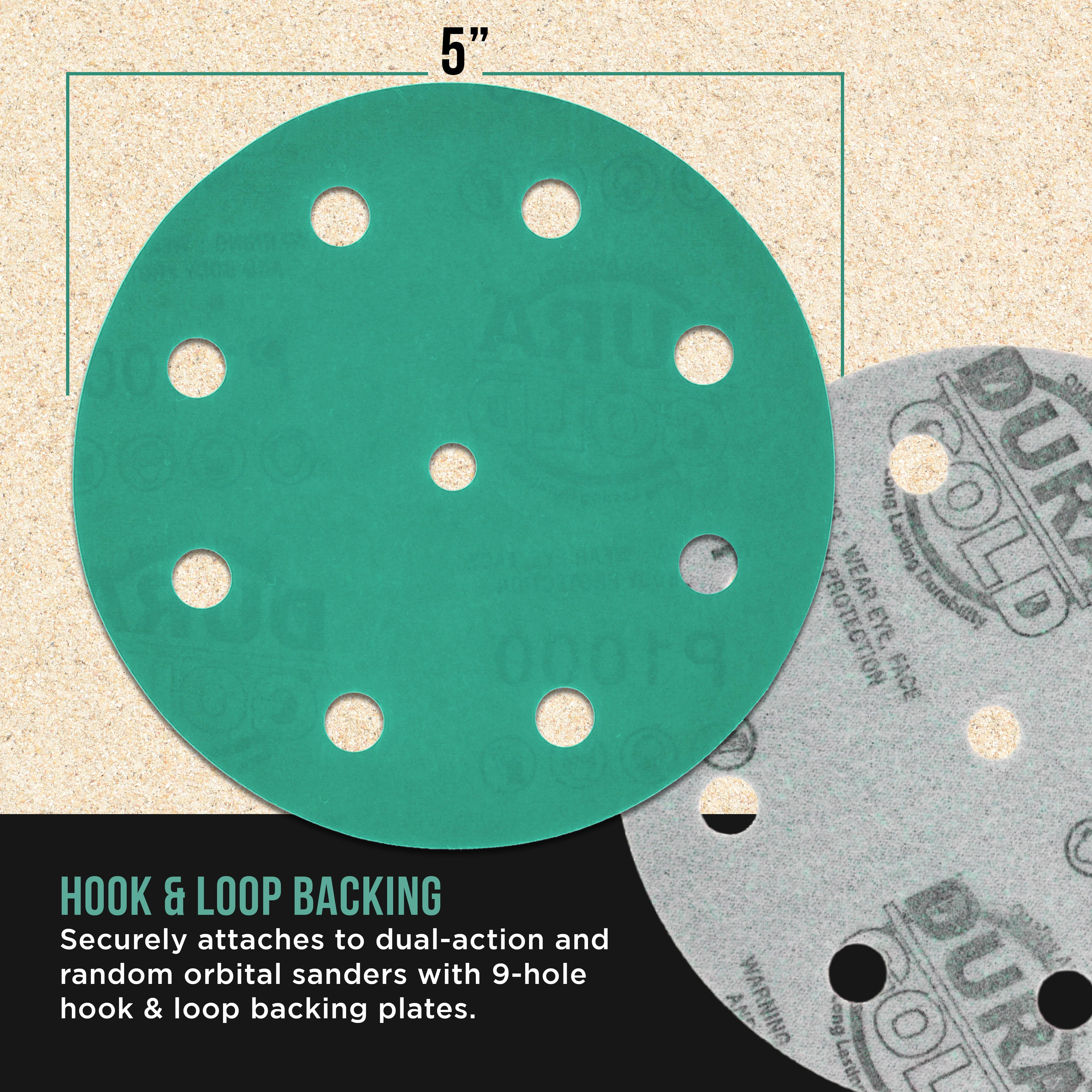 Dura-Gold Premium 1000 Grit 5" Green Film Sanding Discs, 9-Hole Pattern, Box of 50 - Heavy-Duty Dustless Hook & Loop Backing Sandpaper for DA & Random Orbital Sander, Detail Color Sand Auto Paint Wood