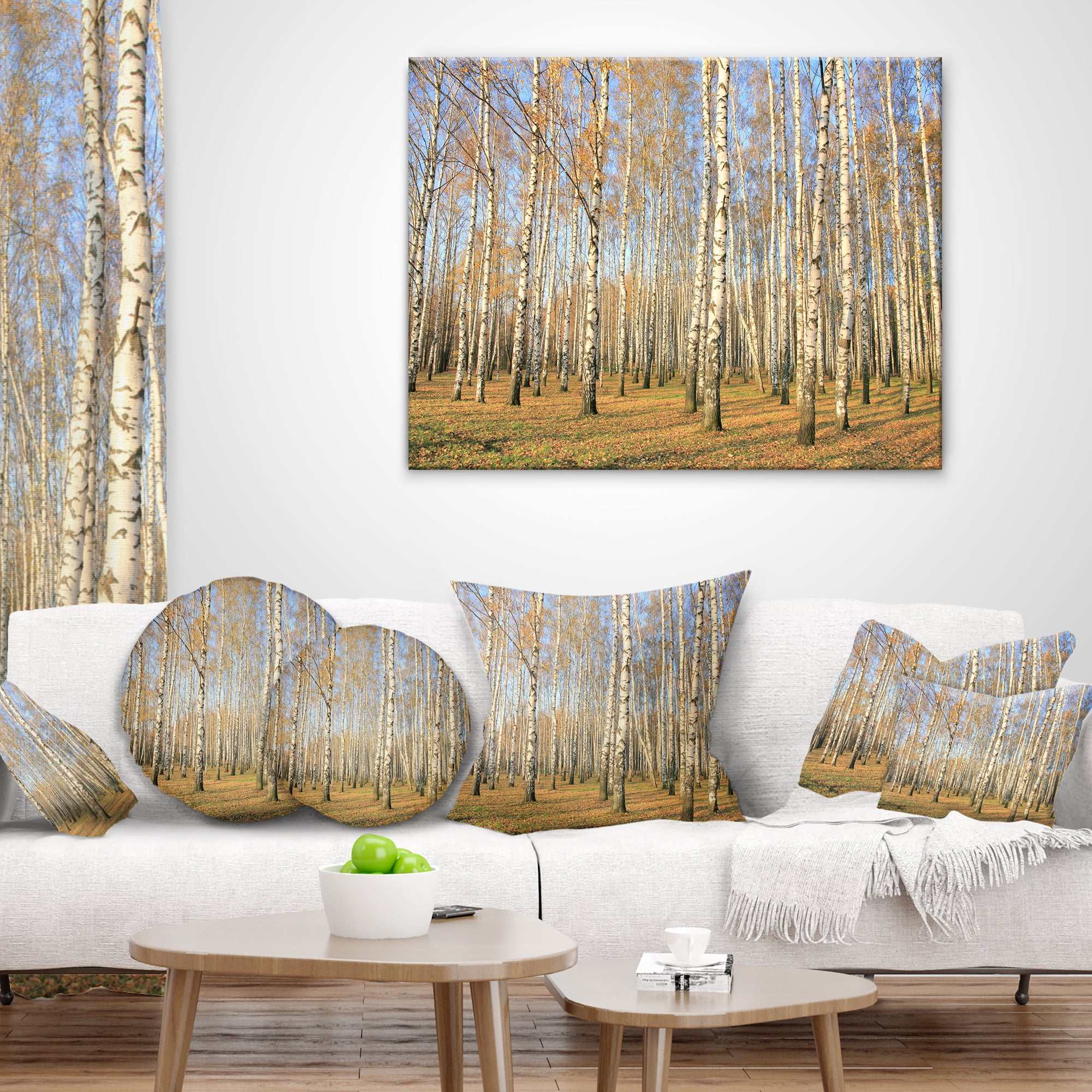 Designart Autumn Birch Grove in Sunlight - Modern Forest Throw Pillow - 16x16