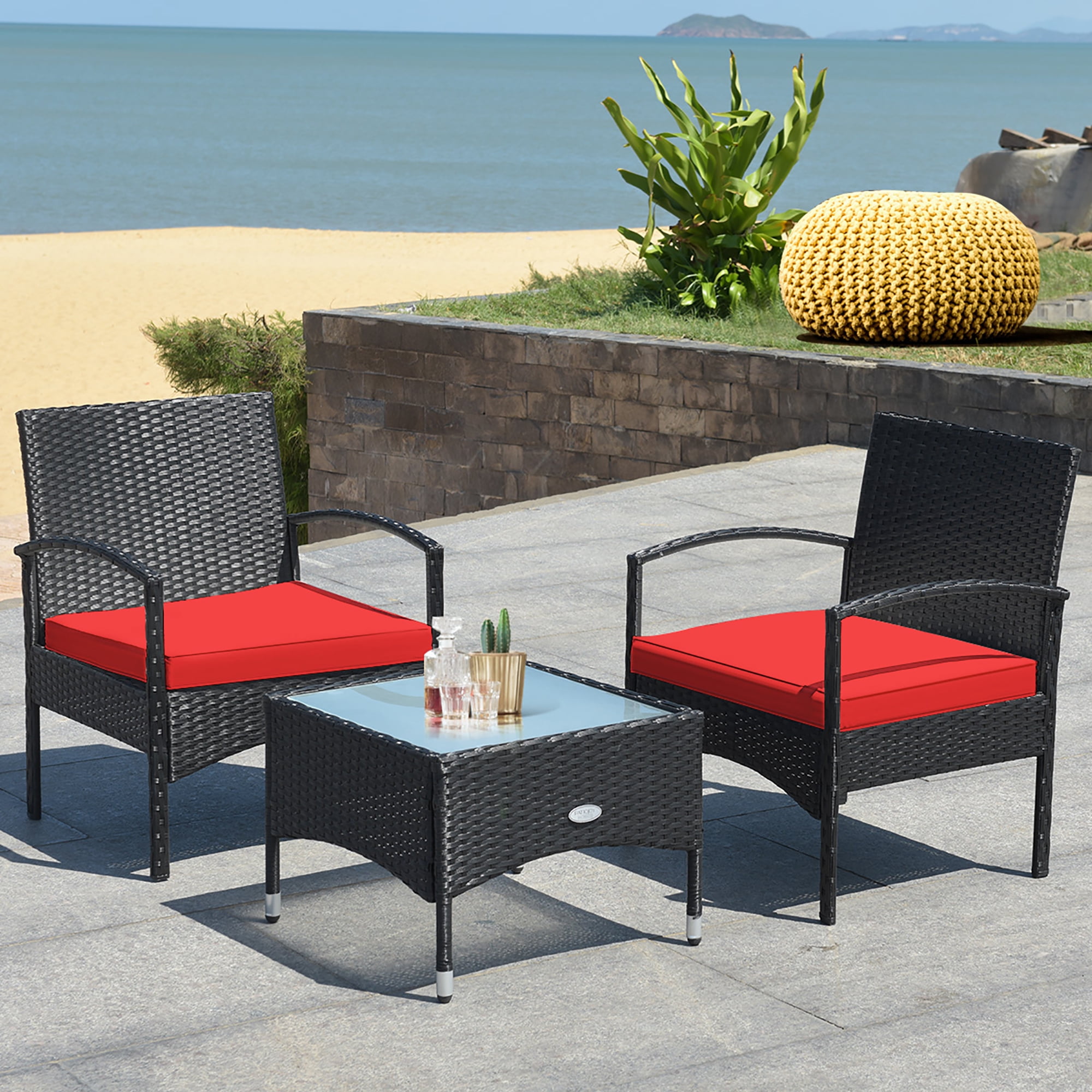 Costway 3 PCS Patio Wicker Rattan Furniture Set Coffee Table & 2 Rattan