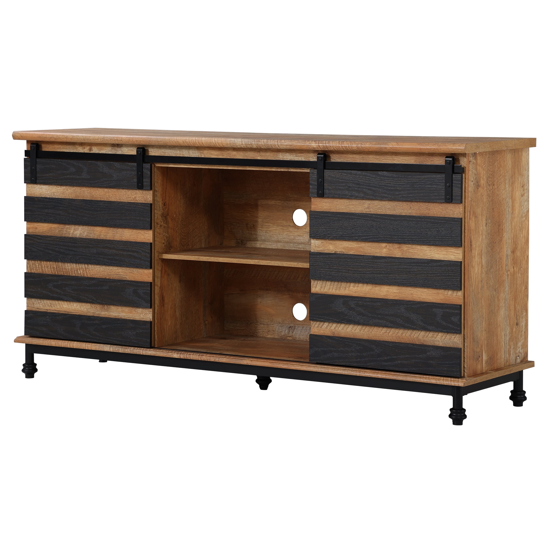 Farmhouse TV Stand for TVs up to 65 Inches, Wood Media Entertainment Center with Storage Cabinet for Living Room, Black & Brown