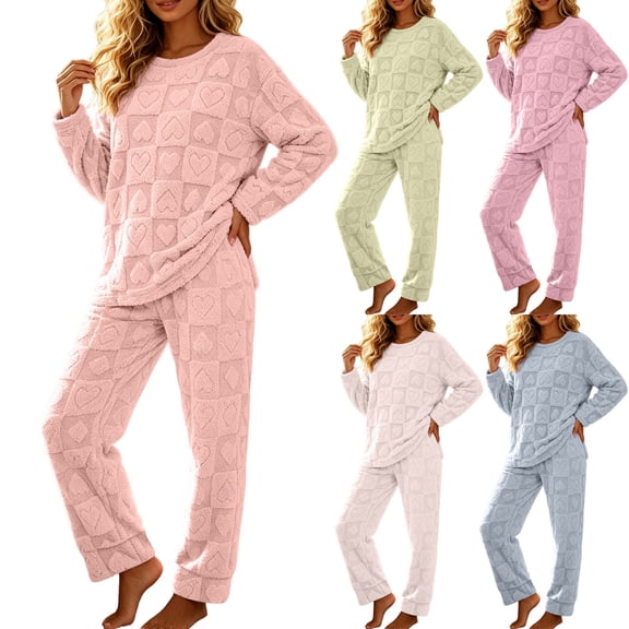Zynoxe 2 Piece Pajama Set for Women Classic Crew Neck Long Sleeve Top Straight Leg Long Pants Suit Casual Solid Color Women Pajama Sets Fashion Heart Jacquard Fleece Sleepwear Set