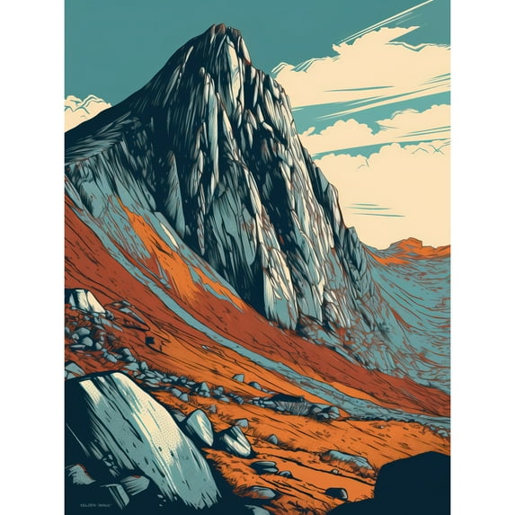 Tryfan Mountain Peak Landscape Teal Brown Linocut Large Wall Art Poster Print Thick Paper 18X24 Inch