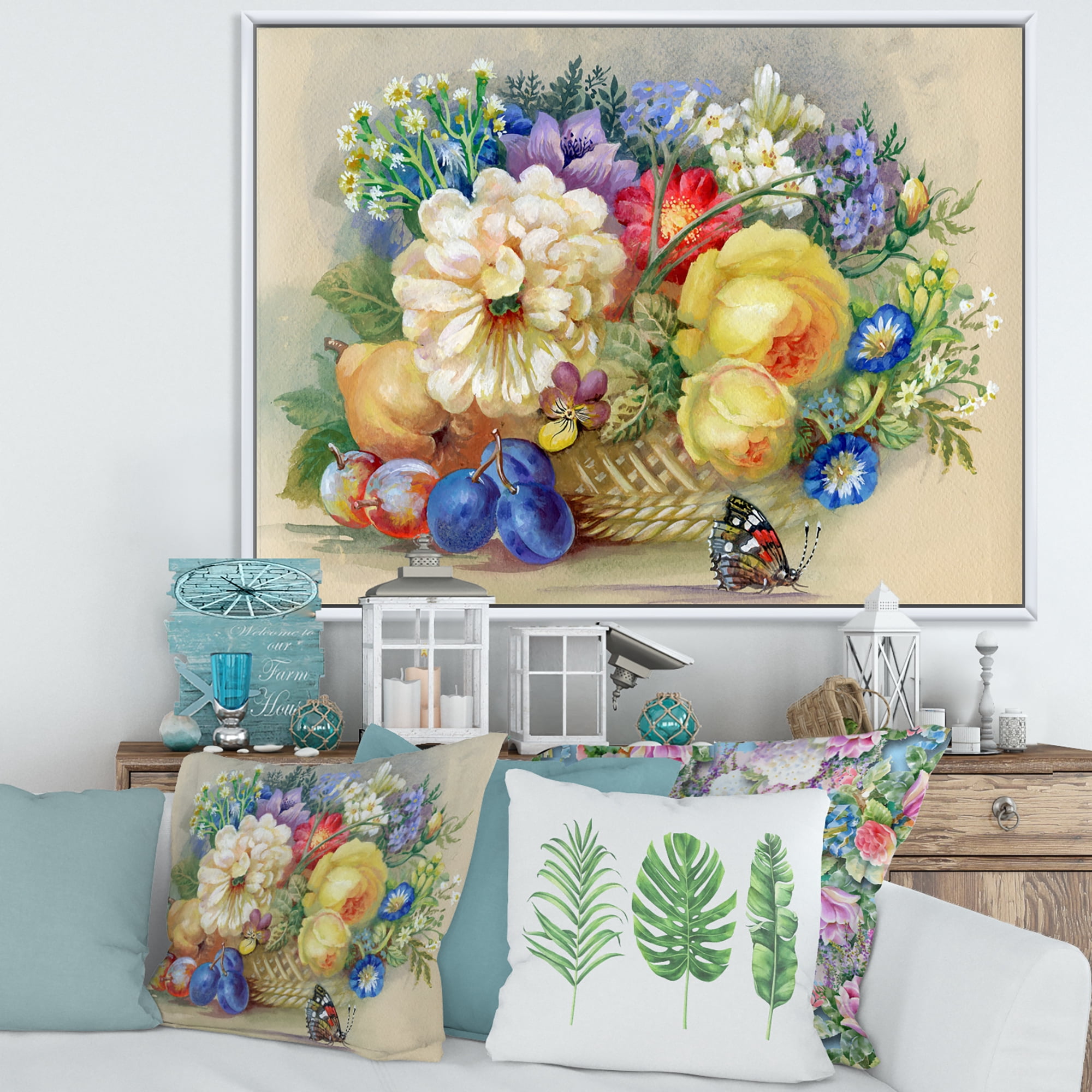 Designart 'Vintage Still Life Of White and Yellow Flowers' Traditional Framed Canvas Wall Art Print