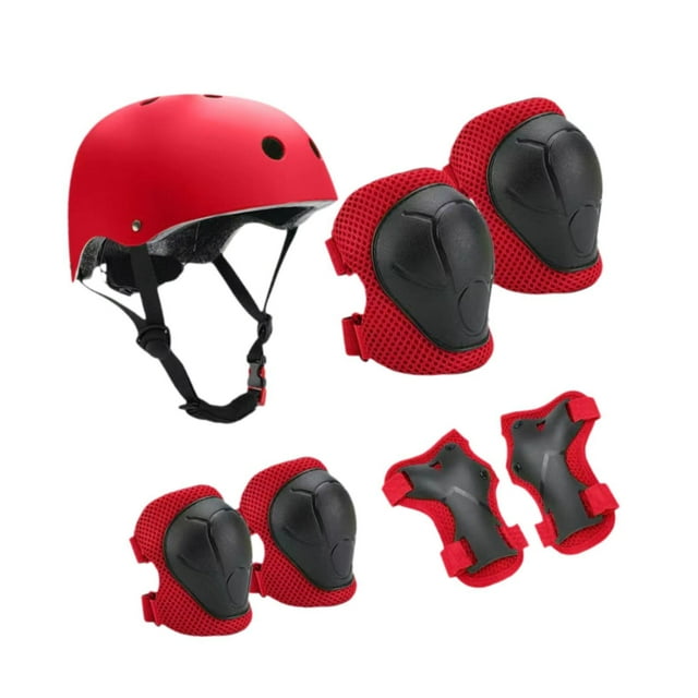 koolsoo 7 Pieces Kids Helmet Protection Gear Set Hand Elbow Knee Pads Teens Children Skateboard Helmet for Bike Riding Sports Red