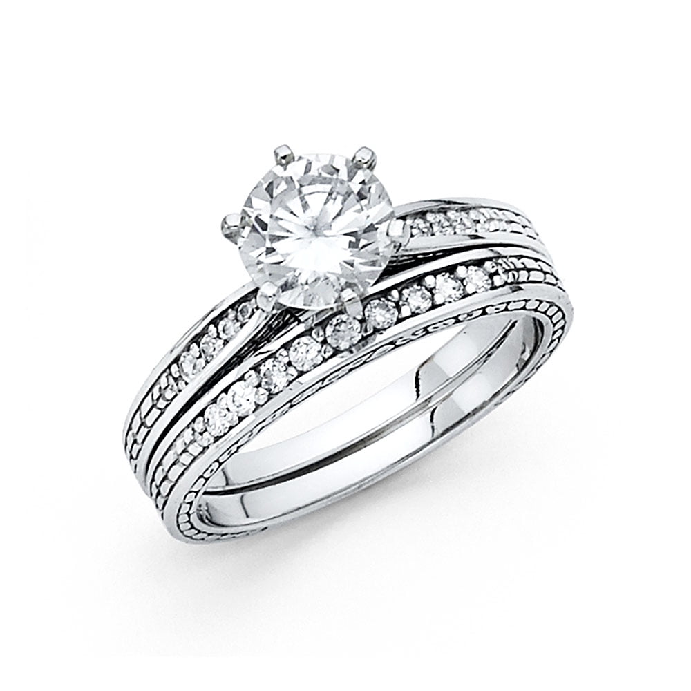 Solid 14k White Gold Cubic Zirconia CZ Wedding Band and Engagement ...
