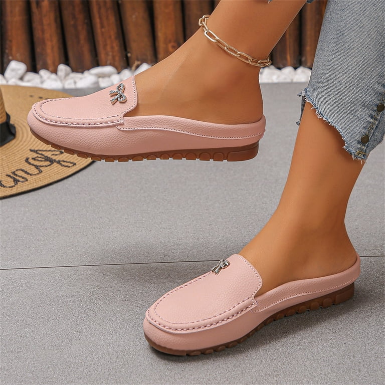 Mules for Women Soft Comfortable Leather Orthopedic Slip on Flats Cute Bow Backless Loafers Spring Business Casual Dress Shoes，Pink Size 36