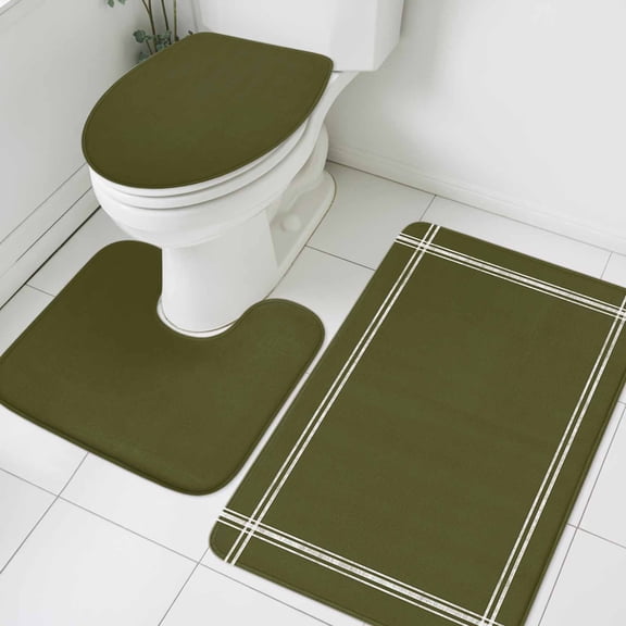 3 Piece Bathroom Rug Set, Olive Green Non Slip Bath Mat with Contour Toilet Mat and Lid Cover, Solid Color Absorbent Soft Shower Mats for Bathroom