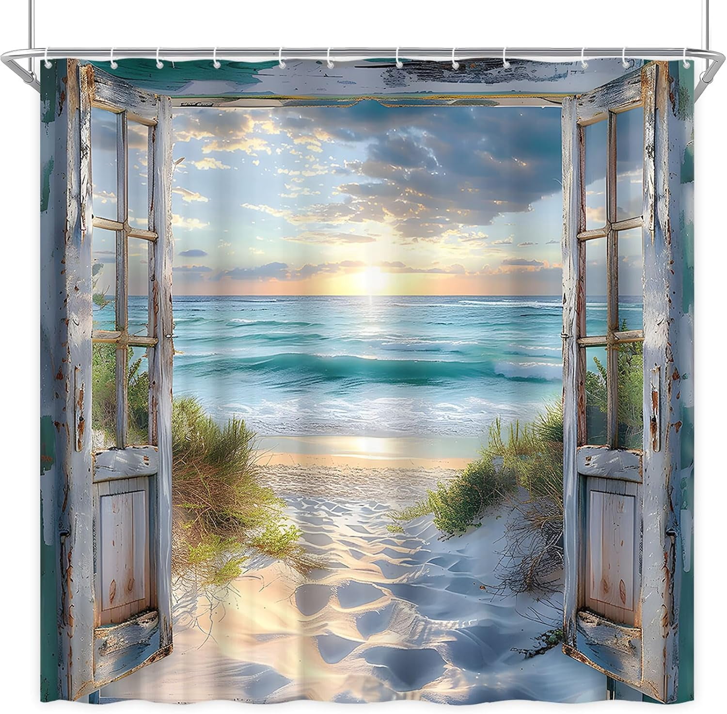 Beach Barn Door Shower Curtain Blue Ocean Sea Wave Retro Farmhouse Wood Rustic Beachy Nautical Coastal Seaside Sea Hawaiian Sunset Landscape Fabric Bathroom Decor Curtain Sets with Hooks 72" WX72" H