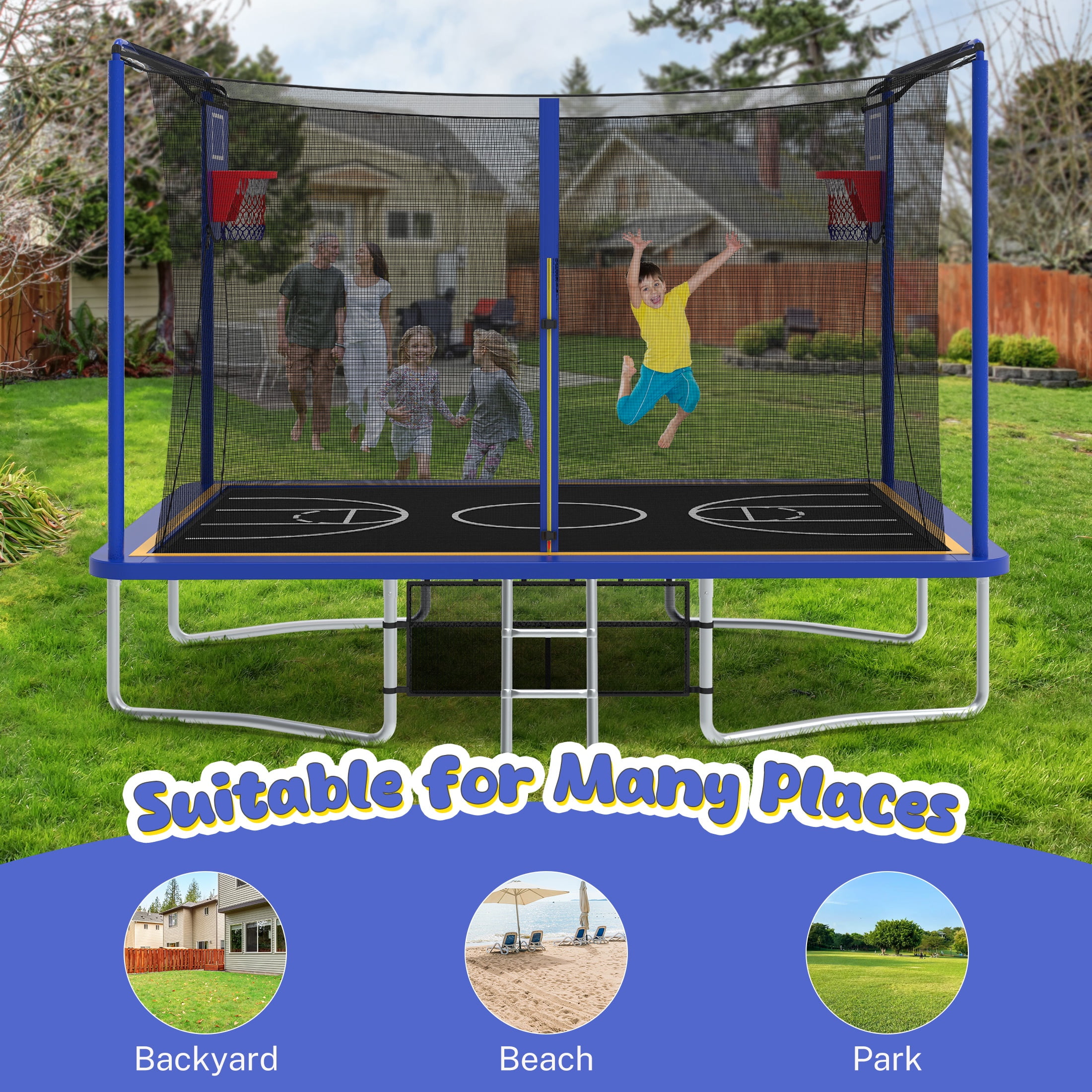 8 ×12FT Large Trampoline for Kids and Adults, SHINPT Outdoor trampoline with 2 Basketball Hoops, Big Trampoline with 360° Safety Net, Kids Trampoline Outdoor with Football Net with 1600LBS Capacity