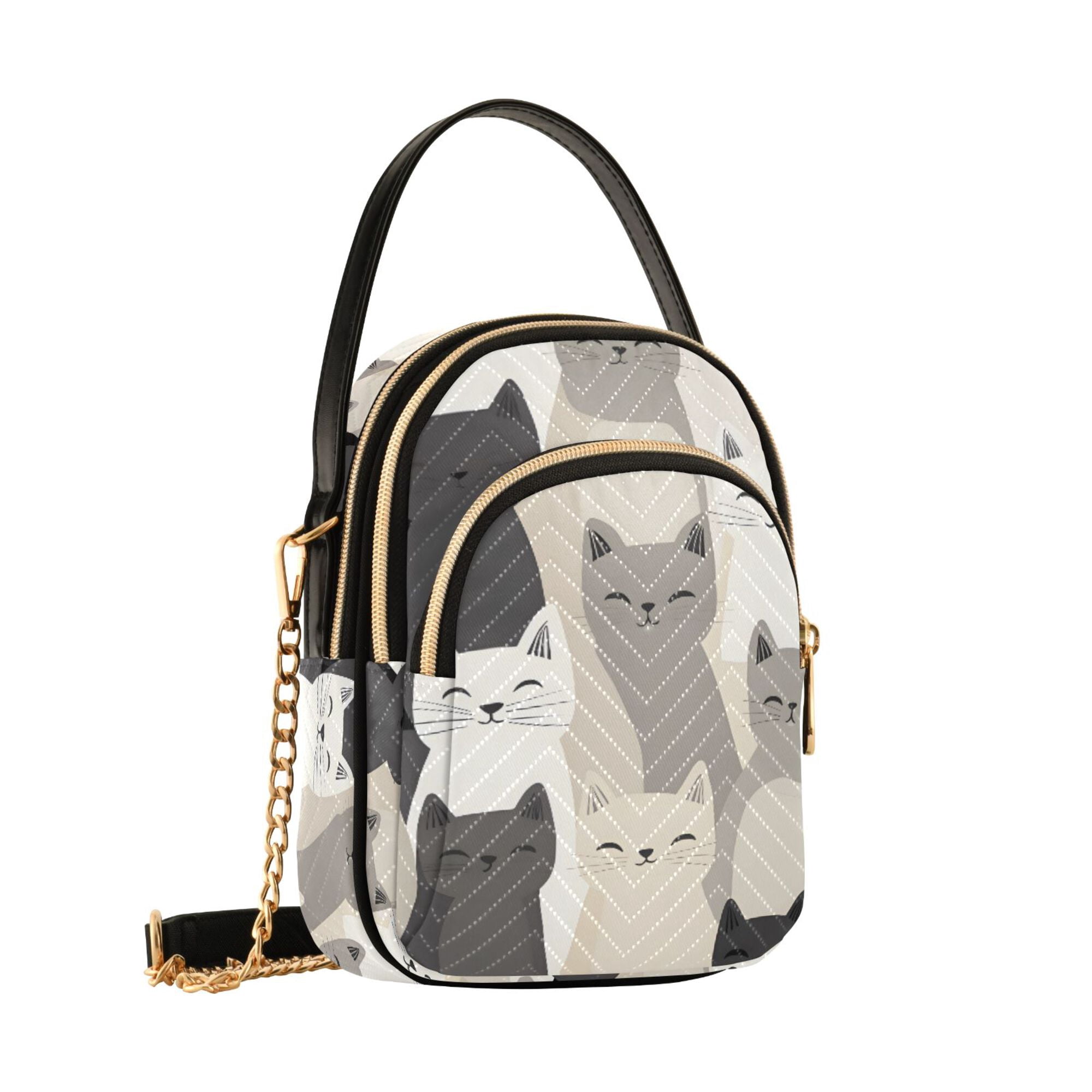 FORMRS Crossbody Bag for Women Quilted Travel Shoulder Cell Phone Purse with Chain Strap Handbag, Beige Cute Cats