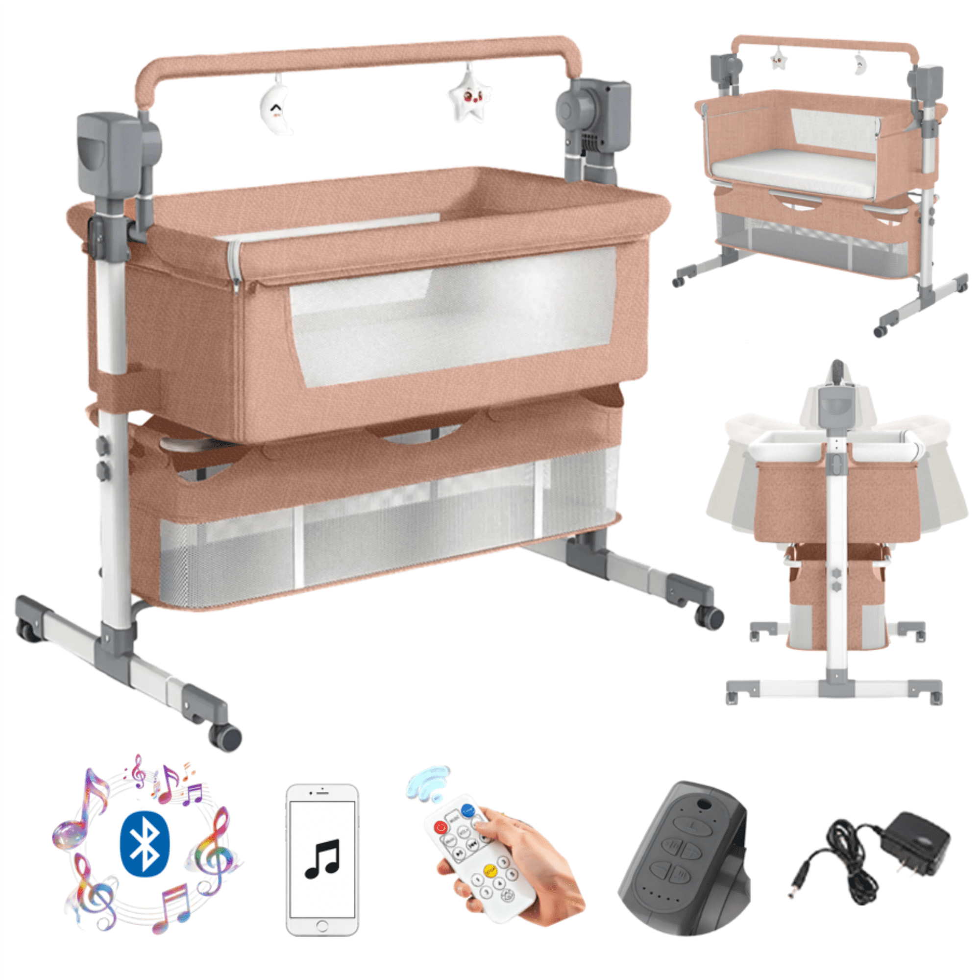 EaseBaby Convertible Baby Bassinet, 2-in-1 Rocking Cradle with Storage Bag and Music for Newborn,Unisex,KHAKI