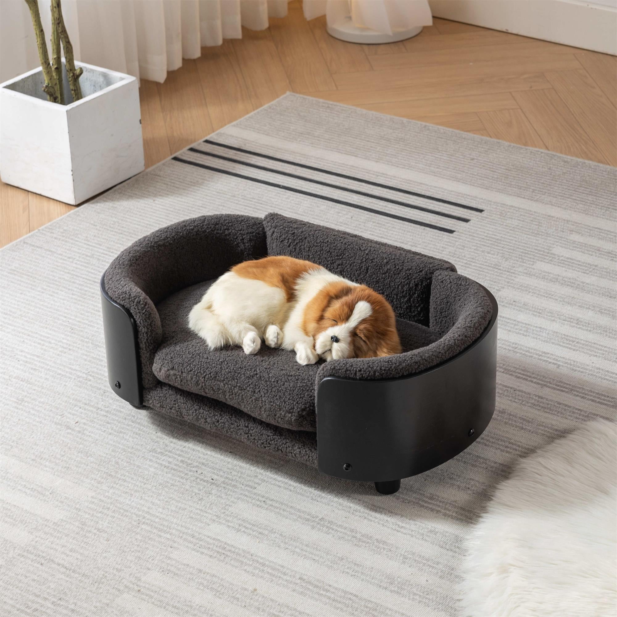 Pefilos 26" Pet Sofa for Indoors Dogs, Cat and Dog Bed with Solid Wood Legs and Black Bent Wood Back, Cashmere Cushion, Gray Pefilos 26" Pet Sofa for Indoors Dogs, Cat and Dog Bed with Solid Wood Legs and Black Bent Wood Back, Cashmere Cushion, Gray