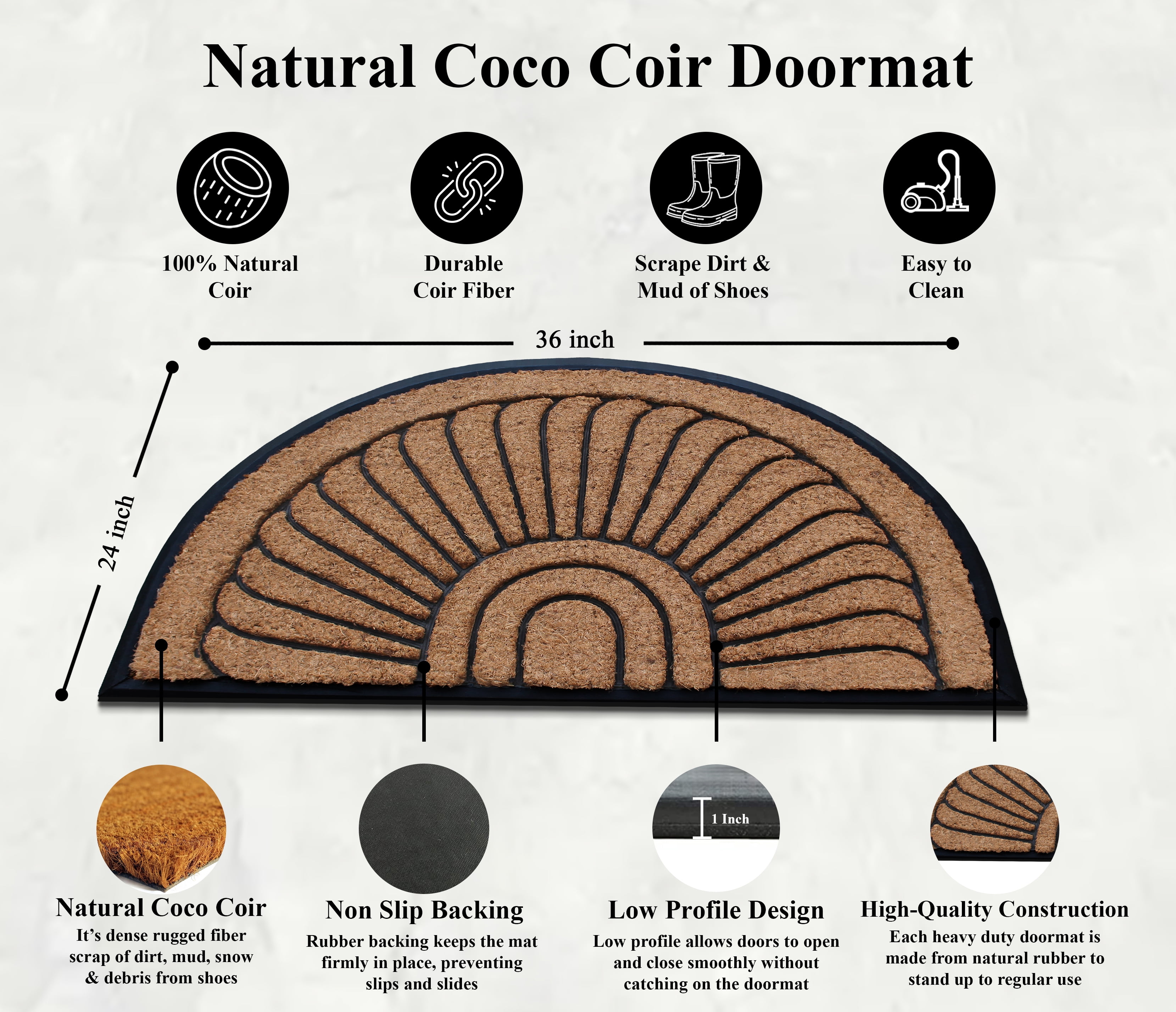 A1HC 23"x36" Natural Coir & Rubber Sunburst Half-Round Door Mat, Heavy-Duty, Low-Pile, Durable Outdoor Welcome Mat