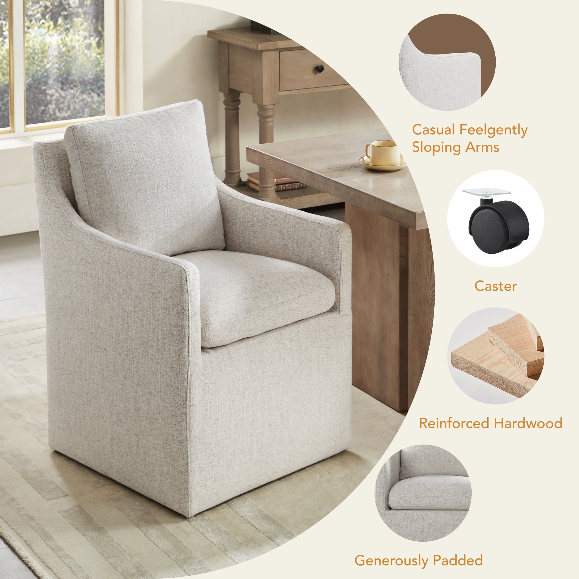 CHITA Dining Arm Chair with Caster Wheels, Fabric Upholstered, Wheat
