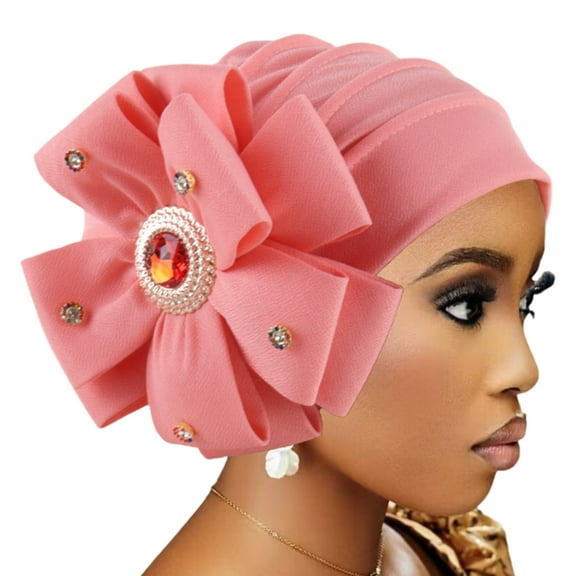 Lerpwige Large Flower Embellished Turban Hat Stylish Rhinestones Decorated Head Wrap for Stylish Ladies