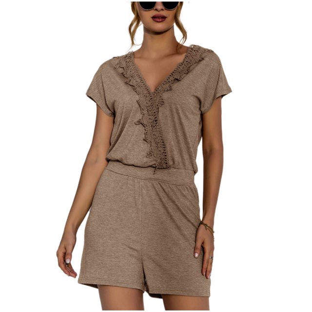 Pompotops Mode Femme Décontractée Sexy Col en V Manches Courtes Combinaison en Dentelle Unie