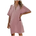thumbnail image 1 of AherBiu Robes en Coton et Lin pour Femmes Manches 1/2 Col en V Été Décontracté Robe Courte Ample avec Poches, 1 of 6
