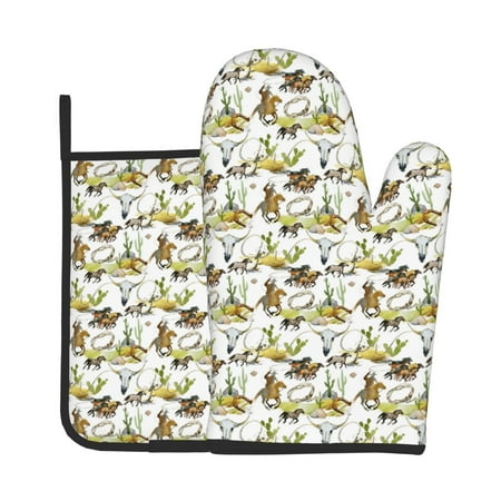 

KLL Wild West Western Pattern Oven Mitts and Pot Holders 2pcs Sets for Kitchen Oven Mitt Heat Resistant 536°F Oven Gloves for Kitchen Cooking and Baking