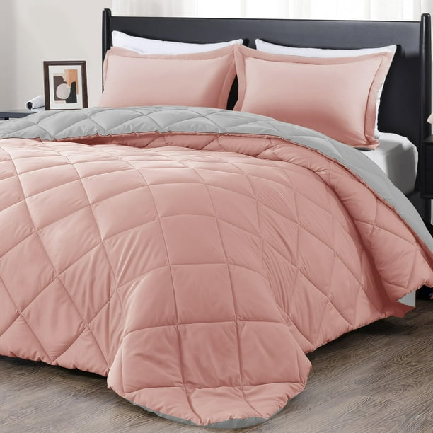 Juego de edredón downluxe Queen rosa/gris de 3 piezas para todas las estaciones
