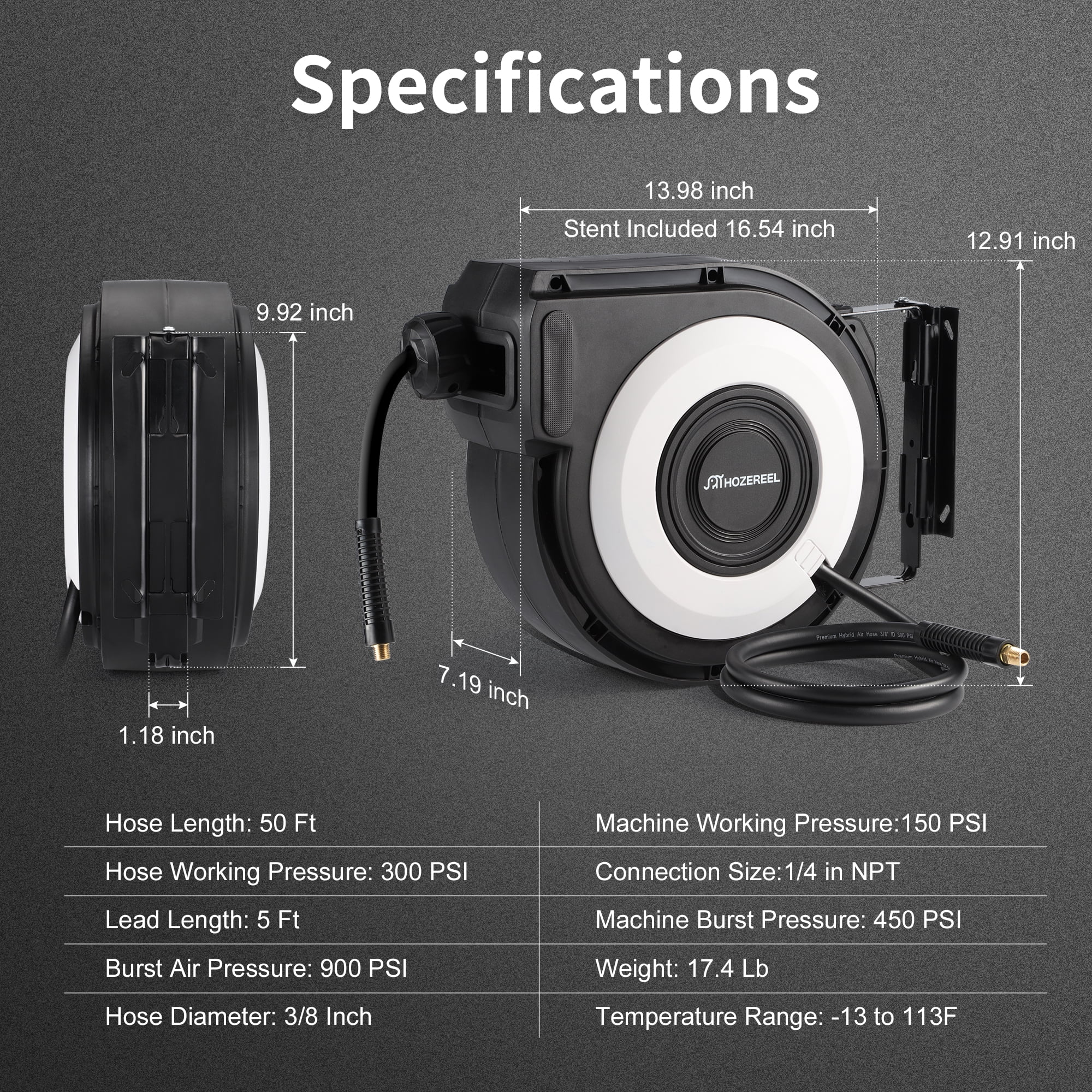 HOZEREEL Retractable Air Hose Reel, 3/8 Inch x 50+5 Ft Hybrid Hose Air Compressor Hose Reel in Max 300 PSI Design, 180°Swivel Bracket Quick Coupler(Black)