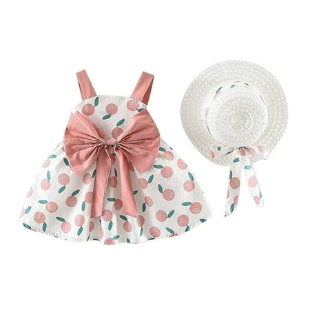 

Baby Girls Dress With Hat Toddler Fruit Pattern Sleeveless Strap Dresses Casual Sundress With Hat Pink XL