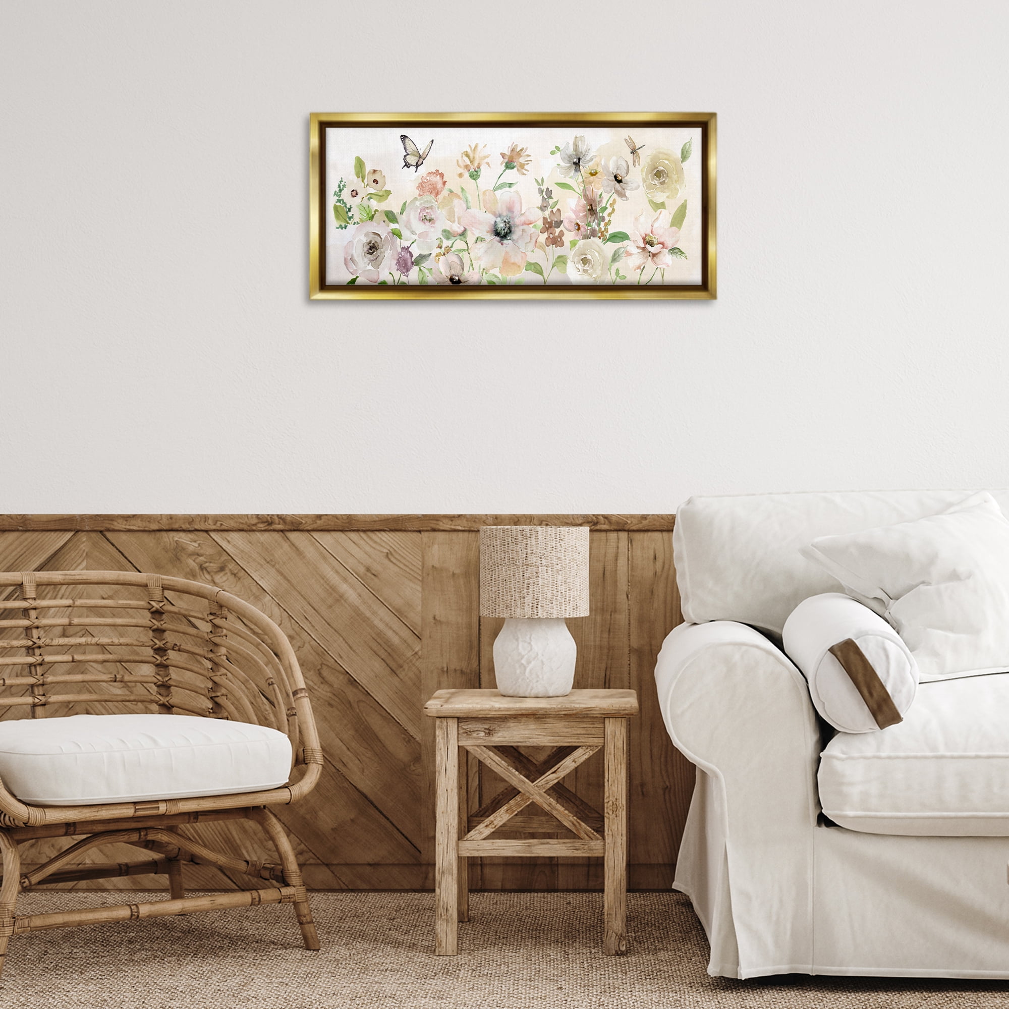 Stupell Industries Fluttering Insects & Florals Plants & Flowers Painting Gold Floater Framed Canvas Art Print Wall Art, 25 x 11