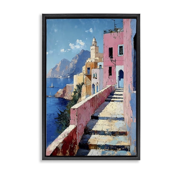 Stupell Industries Tropical Coastal Village's Sunlit Pathway Black Floating Frame Canvas Art, 17 x 25, by Creative Studio