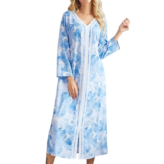 Newway Long Nightgowns for Women Soft Night Robes Long Sleeve V Neck Sleepwear Print Loungewear