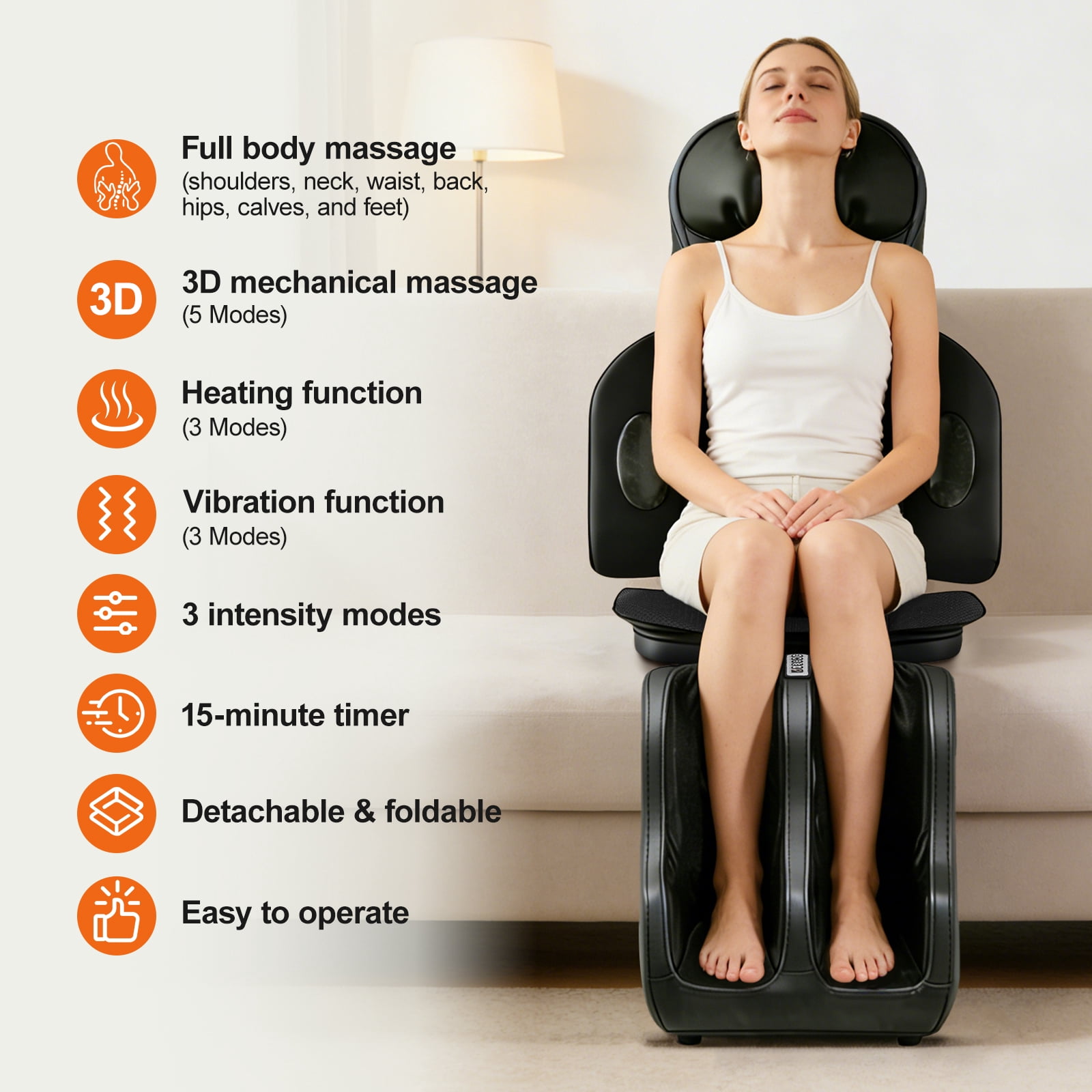 Full Body Massage Chair Pad with Heat, Shiatsu Neck & Back Massager with Foot Massager, Kneading & Rolling Massage for Pain Relief, Home Office Use - Black
