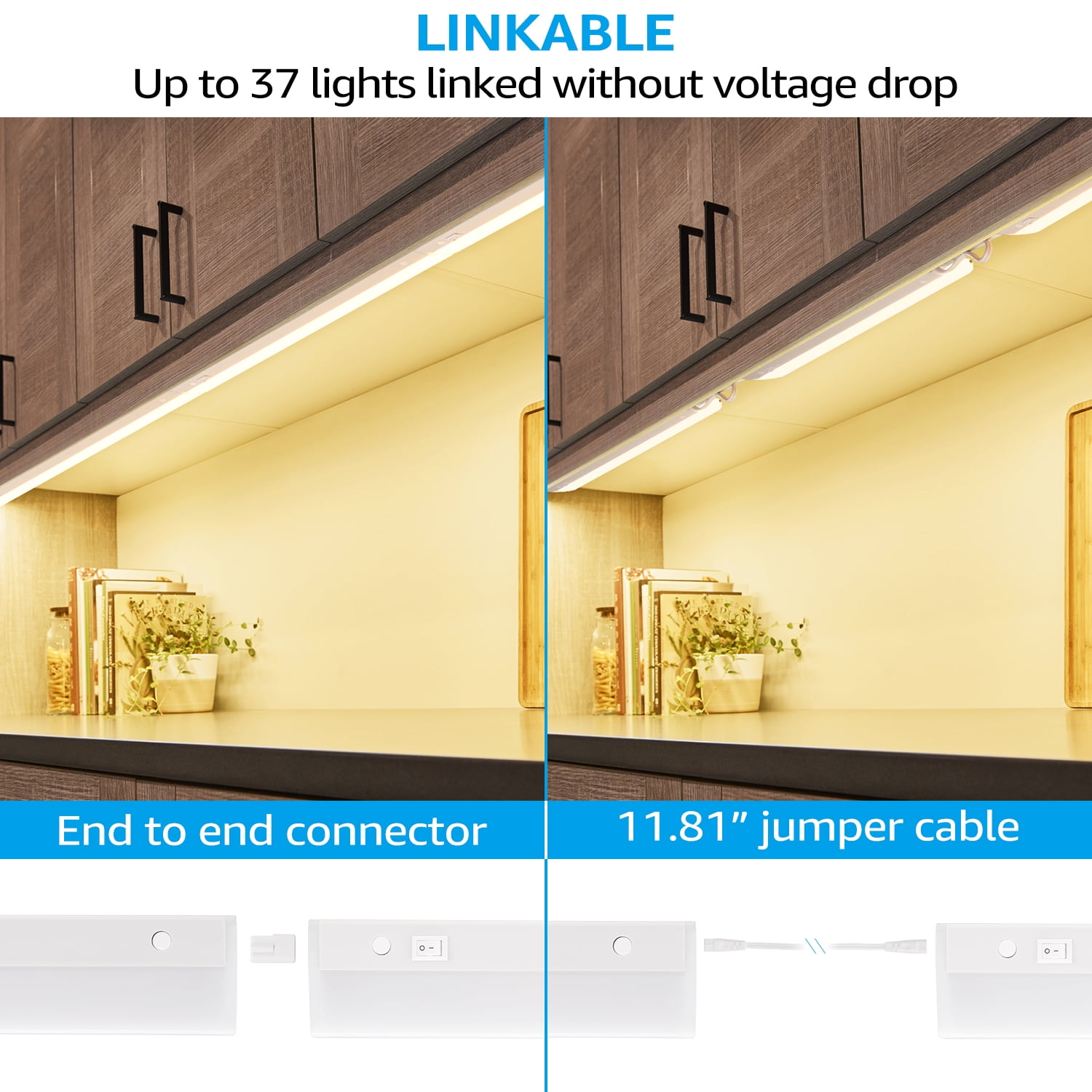 4 Pack 16" LED Under Cabinet Lighting, Linkable LED Counter Light, LED Closet Lighting, ETL Listed, Plug in, 3000K Warm White (Included 1*Power Cord)