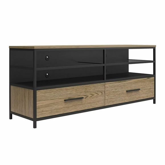 Ameriwood Home Structure TV Stand for TVs up to 60", Sterling Oak Wood Veneer with Black Metal and Black Glass