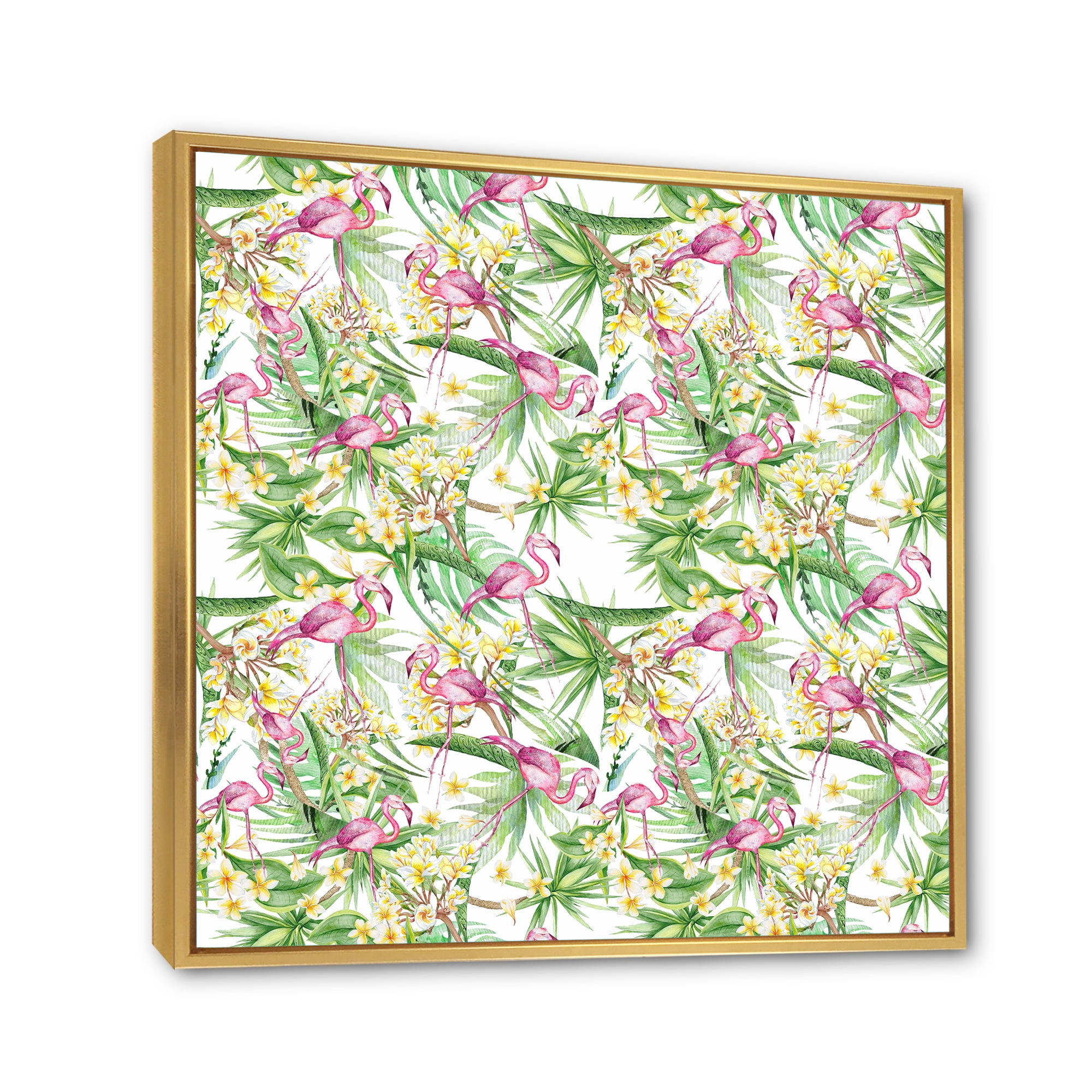 Designart 'Yellow Flowers, Tropical Foliage With Flamingo II' Modern Framed Canvas Wall Art Print