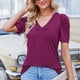 thumbnail image 5 of V cuello puff manga camiseta color puro moda fácil juego mujer verano camiseta para citas desgaste diario, 5 of 7