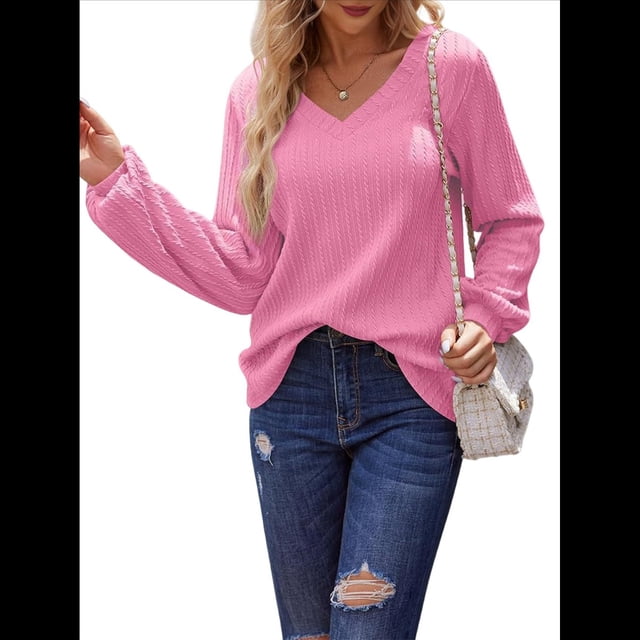Blusas de Larga para Mujer, Cuello en V, Mangas Farol, Elegantes, Informales, de Punto Acanalado, Corte Holgado, Otoño 2025 Rosa L