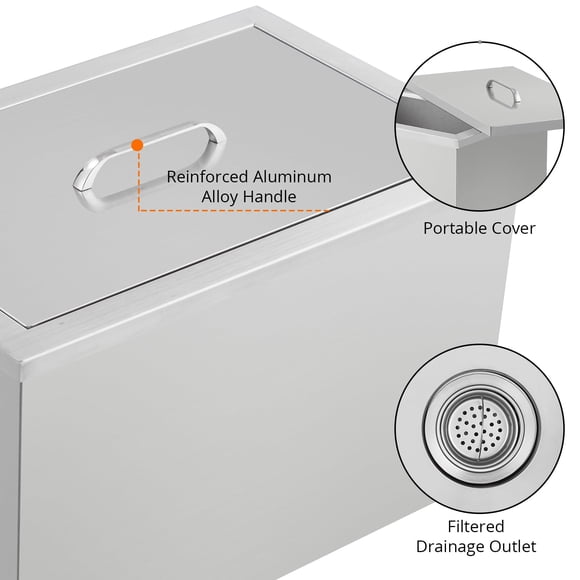Enfriador de hielo empotrable comercial de acero inoxidable - 50QT, tapa abatible, drenaje - Para islas BBQ, cocina exterior, bares y fiestas - Incluye tapa portátil, plateado, 22*17*12inch.