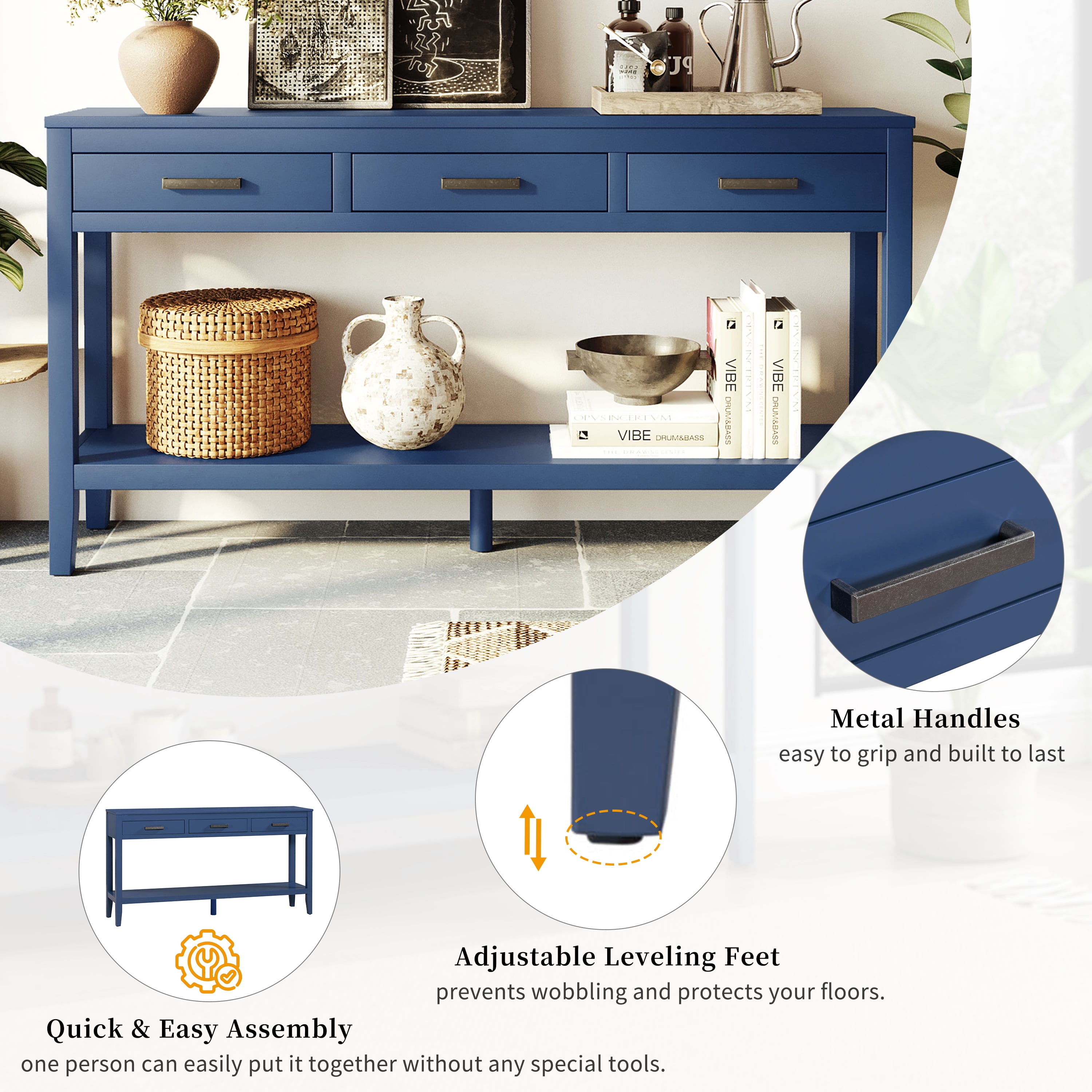 OTONIPU Farmhouse Entryway Console Table with 3 Drawers and Bottom Shelf, Wood Sofa Table for Living Room or Hallway, 59.1 Inch, Blue