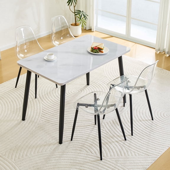 Hi loPres 47" 5-Piece Dining Set, White Faux Marble Table with 4 Clear Chairs, Scandi-Style Kitchen Suite with 1.3" Thick Top and Stable Black Metal Legs