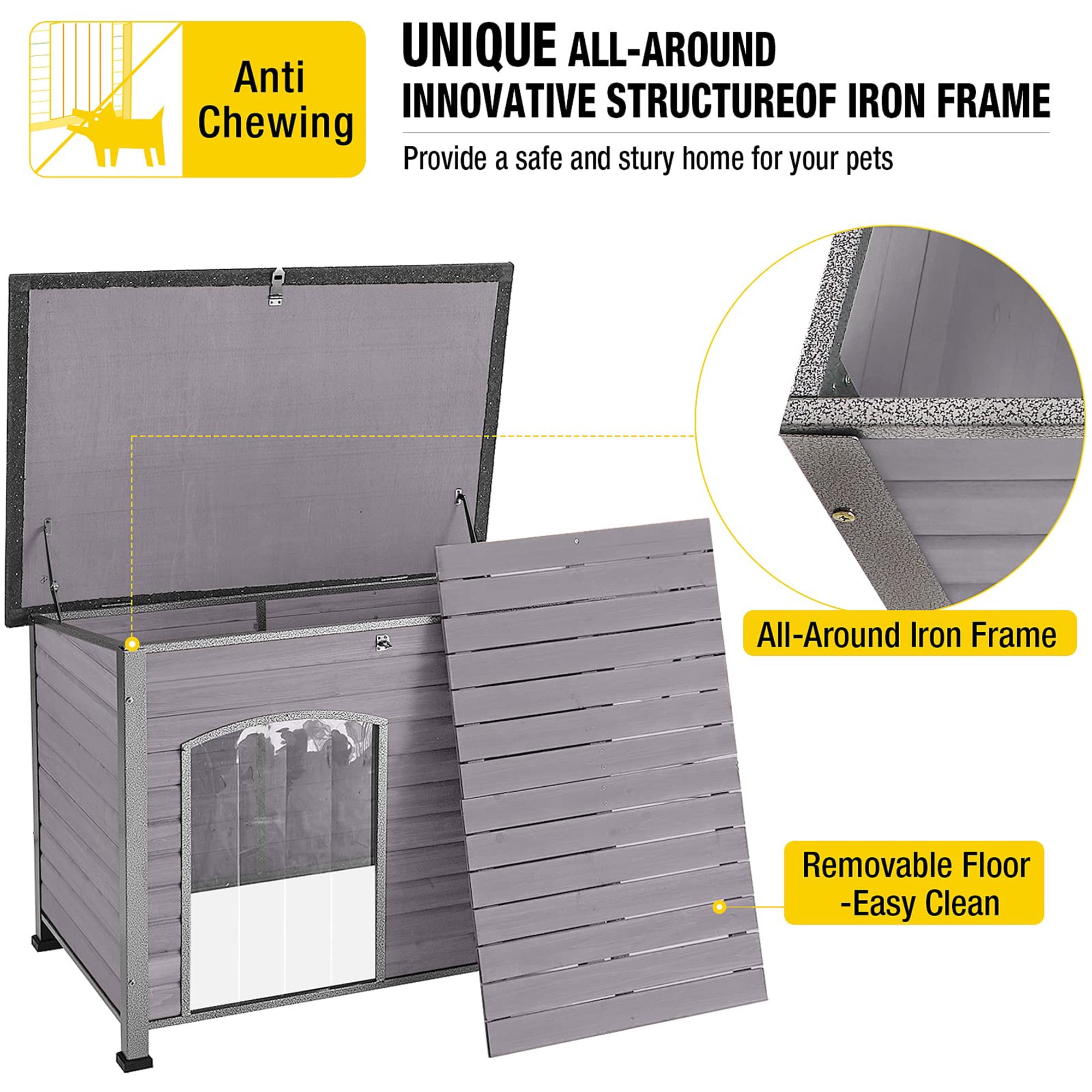 Aivituvin Wooden Dog House Anti-chewing Kennels for Outdoor & Indoor, Gray, Large