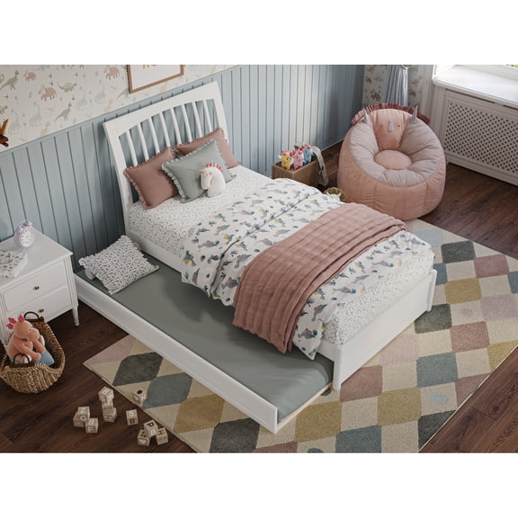 Roslyn Twin Wood Platform Bed with Panel Footboard and Twin Trundle in White